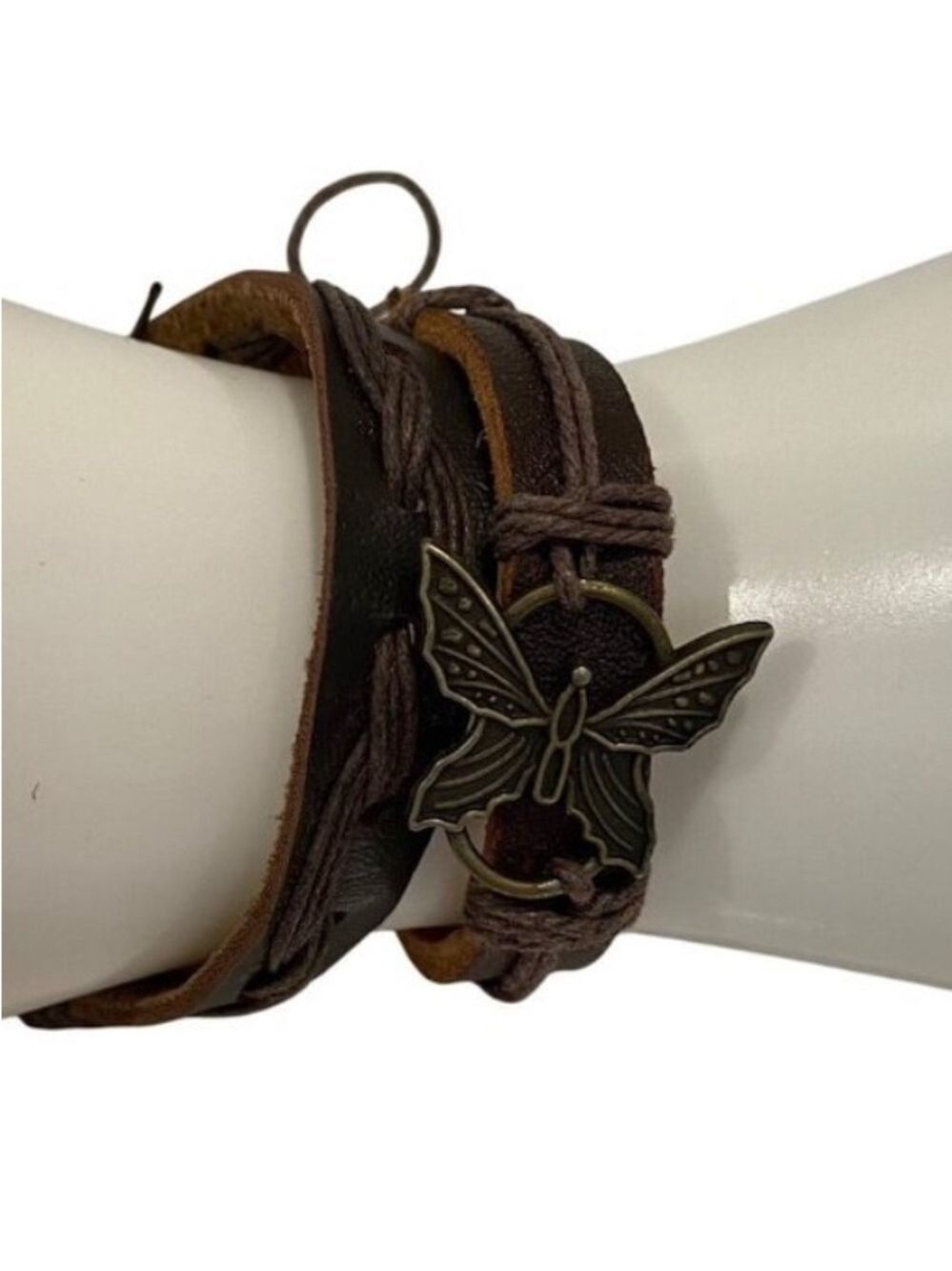 Boho Leather & Cord Butterfly Charm 2 set Bracelets genuine leather brown nature